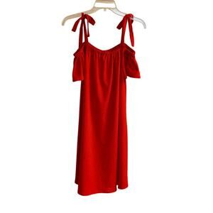 Cherry Red Off Shoulder Dress Tie Strap Bold Stretch Flowy Shift Dress Medium